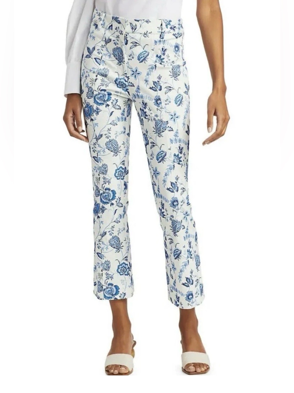 Derek Lam 10 Crosby Melroe Floral Cropped Flare Trousers Blue White Size 2